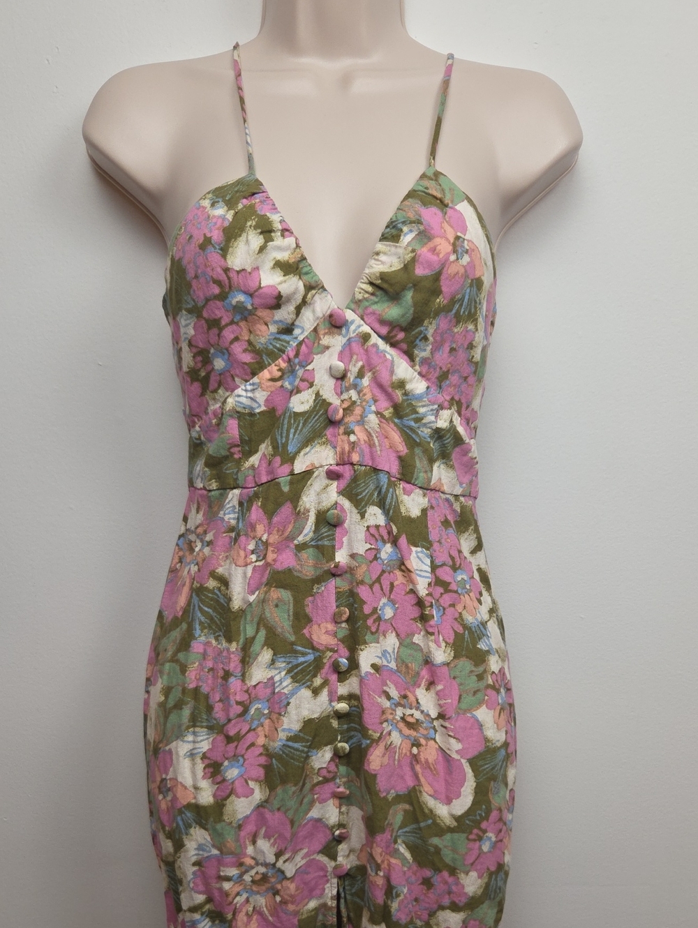 ZARA Linen Floral Garden Pink Green Strappy Midi Dress Going Out Party Romantic